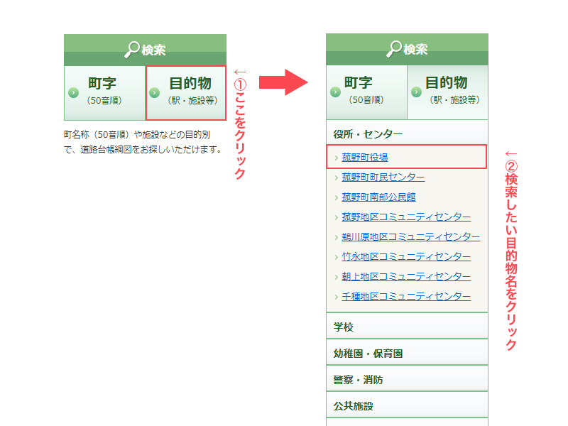 サイドメニューから目的物を選び、閲覧したい目標物名をクリック